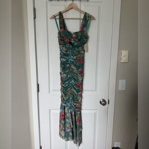 Hello Molly Green Mesh Ruched Sweetheart Maxi Dress